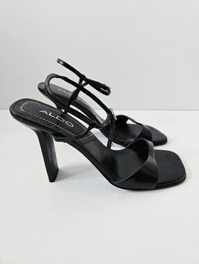 Aldo Black Strappy Heels Size 37 US 6.5 Black Leather Buckle Ankle Strap 90s